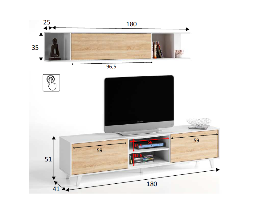 Mobile Soggiorno Zaiken Plus Cm Bianco Lucido E Rovere Canadian Set