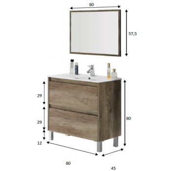 Composition de salle de bain 80 cm avec meuble suspendu couleur Nordik, miroir et lavabo