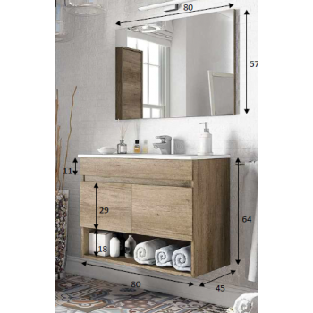 Composition de salle de bain Dakota 80 cm avec meuble sous lavabo couleur Nordik, miroir et lavabo