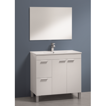 Meuble de salle de bain 3 tiroirs sur le sol 80 cm Blanc Brillant avec miroir