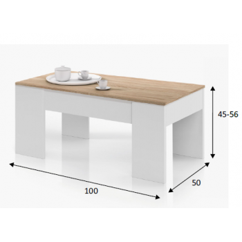 Tavolino 100x50 cm Bianco lucido e rovere chiaro con parte superiore alzabile