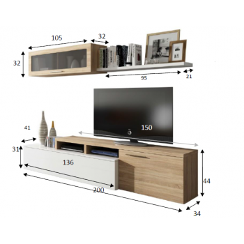 Mueble TV de pared 200 cm Blanco brillante y roble canadiense Roble  claro/blanco