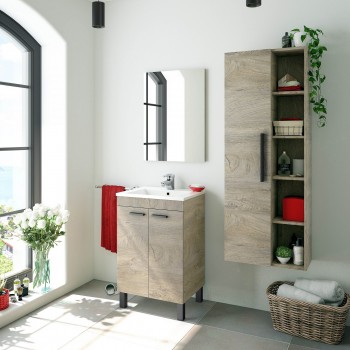 Mueble de baño de pie 80 cm roble con espejo y lavabo color - Con lámpara  Led