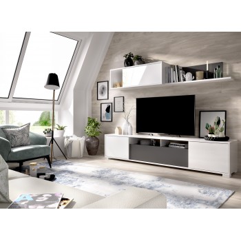 Mueble TV de pared 200 cm Blanco brillante y gris antracita - Abitare